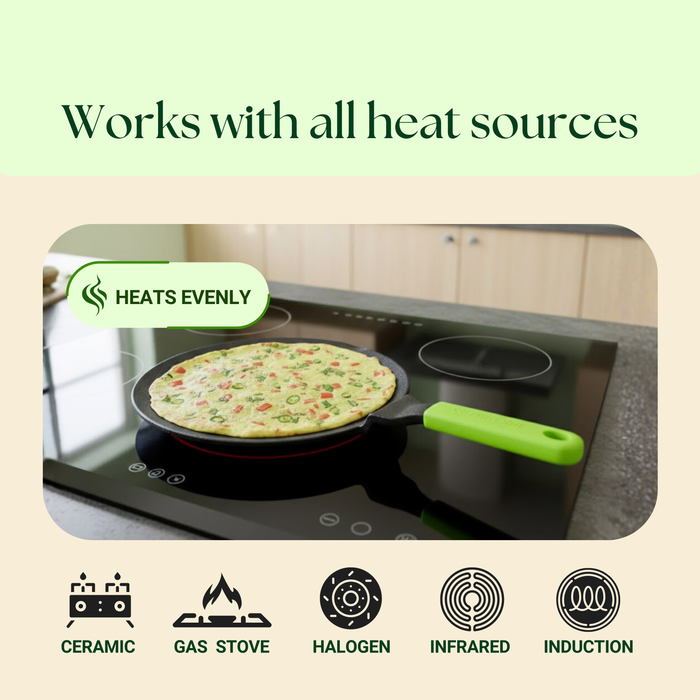 Ironium Cast Iron Pre-Seasoned Concave Tawa with Long Handle and Silicone Grip