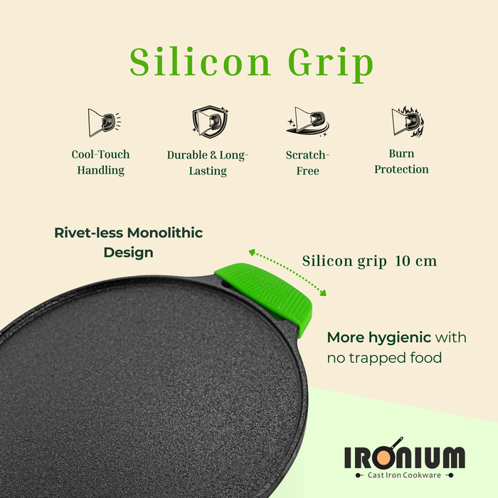 Ironium Cast Iron Pre-Seasoned Flat Tawa 30cm with 2 Side Handles and Silicone Grips