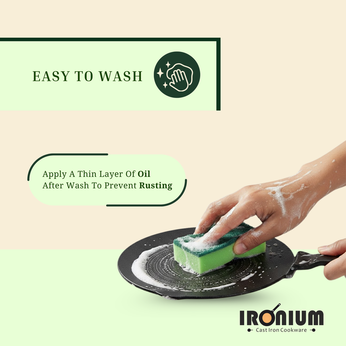 Ironium Cast Iron Pre-Seasoned Concave Tawa with Long Handle and Silicone Grip
