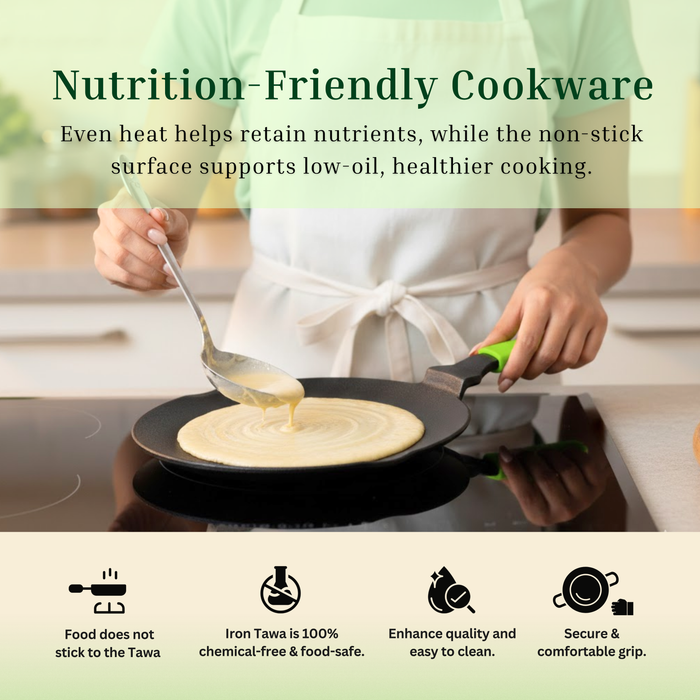 Ironium Cast Iron Pre-Seasoned Concave Tawa with Long Handle and Silicone Grip