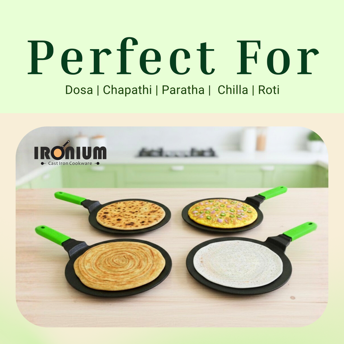 Ironium Cast Iron Pre-Seasoned Concave Tawa with Long Handle and Silicone Grip