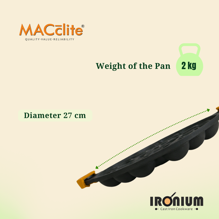 Ironium Cast Iron Pre-Seasoned Daimond Panniyarkal 21 Pits With 2 Side Handle and Silicone Grips
