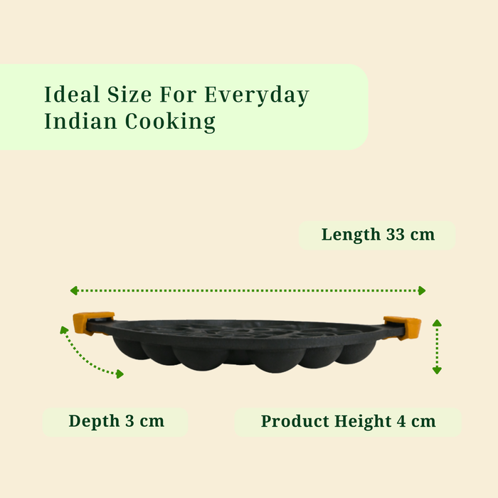 Ironium Cast Iron Pre-Seasoned Daimond Panniyarkal 21 Pits With 2 Side Handle and Silicone Grips