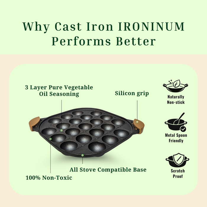 Ironium Cast Iron Pre-Seasoned Daimond Panniyarkal 21 Pits With 2 Side Handle and Silicone Grips
