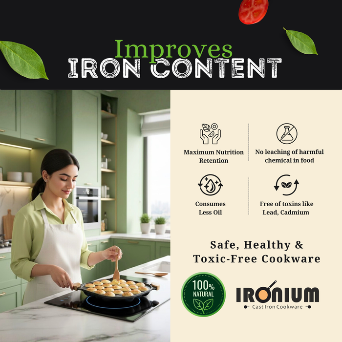 Ironium Cast Iron Pre-Seasoned Daimond Panniyarkal 21 Pits With 2 Side Handle and Silicone Grips