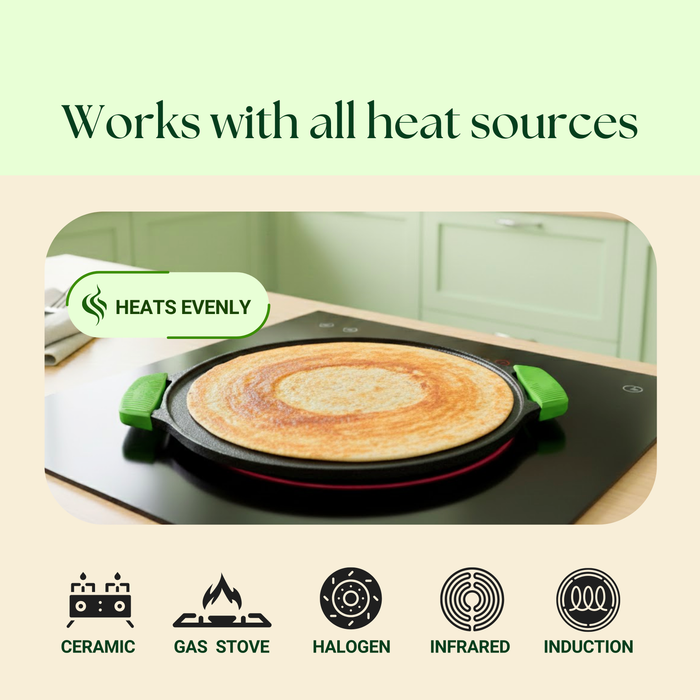 Ironium Cast Iron Pre-Seasoned Flat Tawa 30cm with 2 Side Handles and Silicone Grips