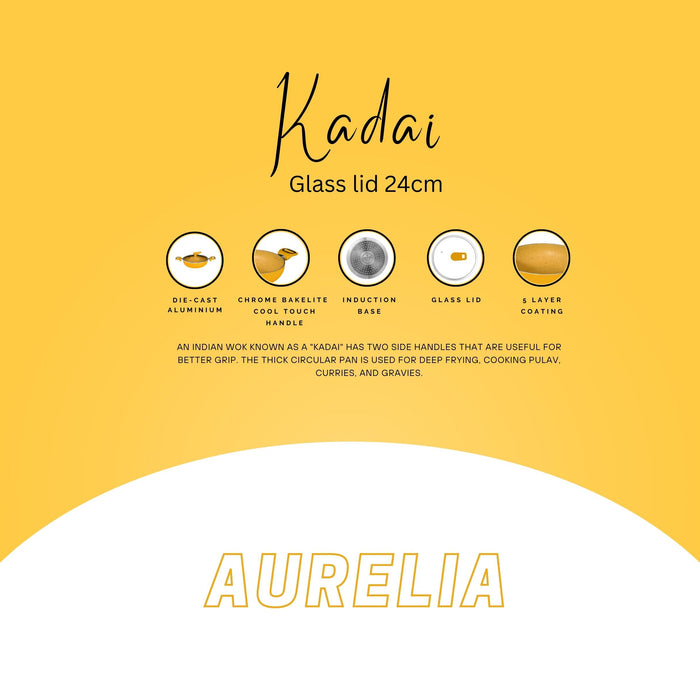 Aurelia Non Stick Kadai  With Glass Lid, 24cm Dia, 2.5 Liters, Induction Base