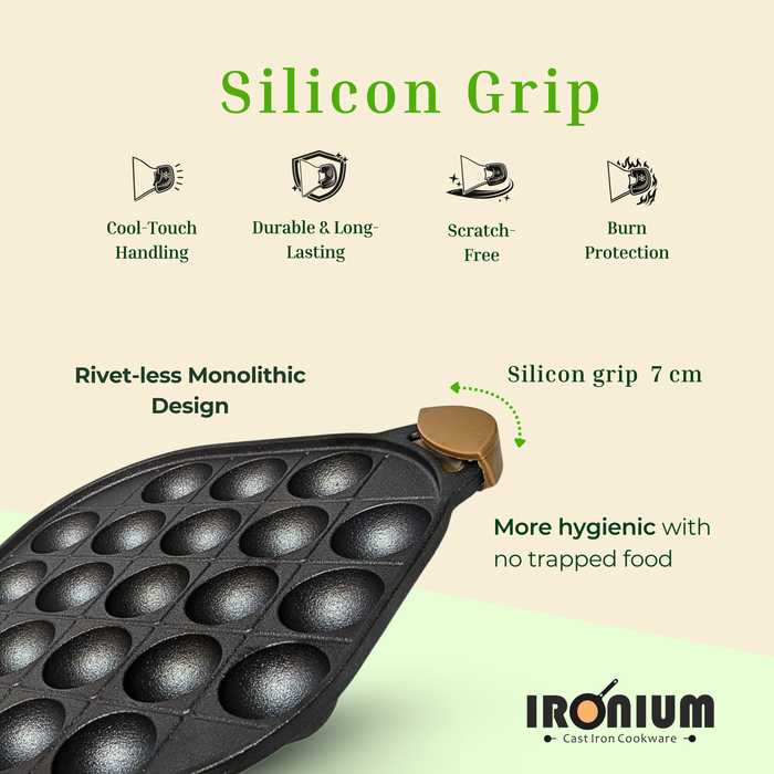 Ironium Cast Iron Pre-Seasoned Daimond Panniyarkal 21 Pits With 2 Side Handle and Silicone Grips