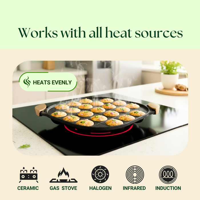 Ironium Cast Iron Pre-Seasoned Daimond Panniyarkal 21 Pits With 2 Side Handle and Silicone Grips