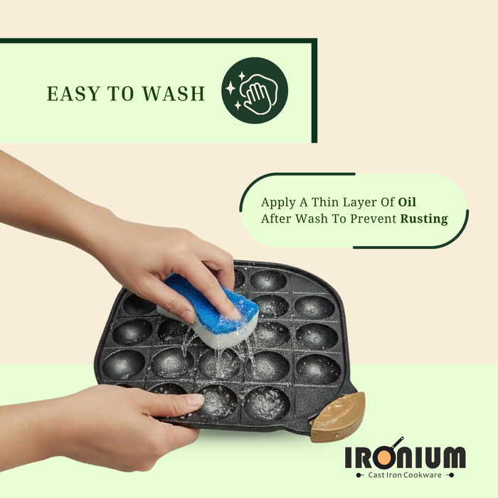Ironium Cast Iron Pre-Seasoned Daimond Panniyarkal 21 Pits With 2 Side Handle and Silicone Grips