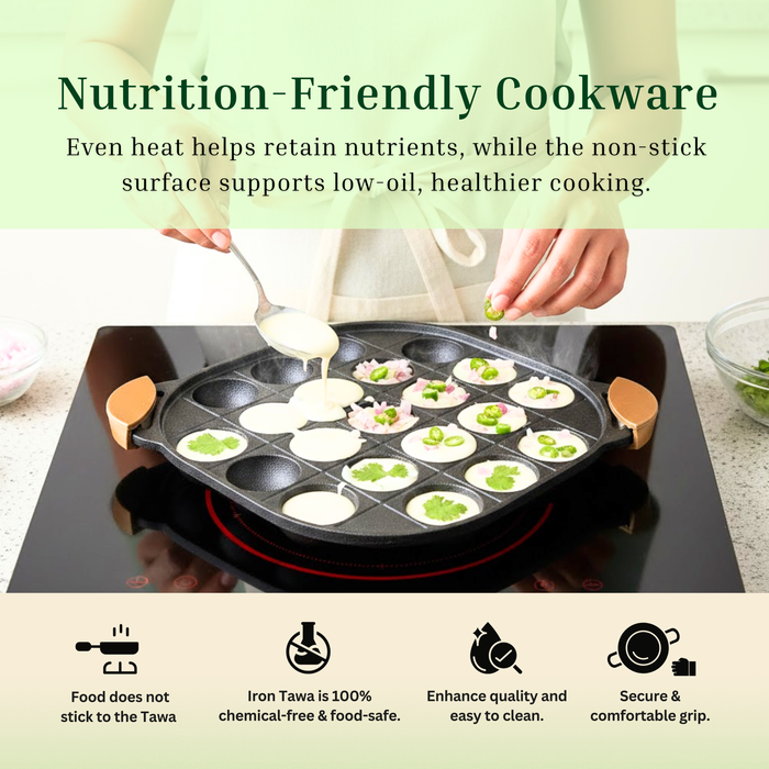 Ironium Cast Iron Pre-Seasoned Daimond Panniyarkal 21 Pits With 2 Side Handle and Silicone Grips