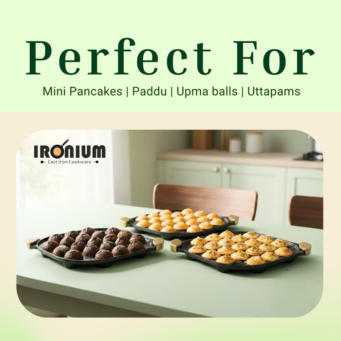 Ironium Cast Iron Pre-Seasoned Daimond Panniyarkal 21 Pits With 2 Side Handle and Silicone Grips
