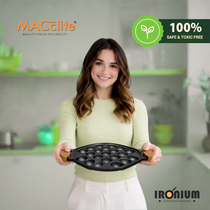 Ironium Cast Iron Pre-Seasoned Daimond Panniyarkal 21 Pits With 2 Side Handle and Silicone Grips