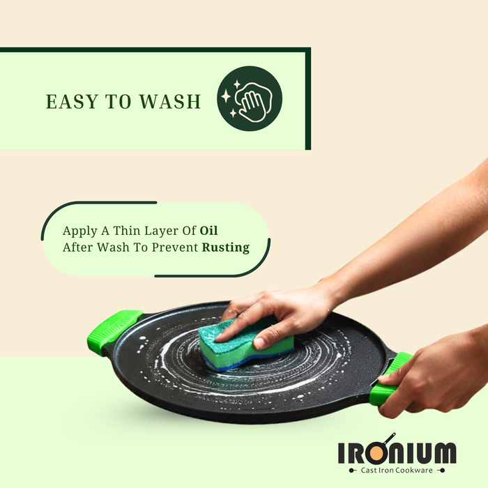 Ironium Cast Iron Pre-Seasoned Flat Tawa 30cm with 2 Side Handles and Silicone Grips