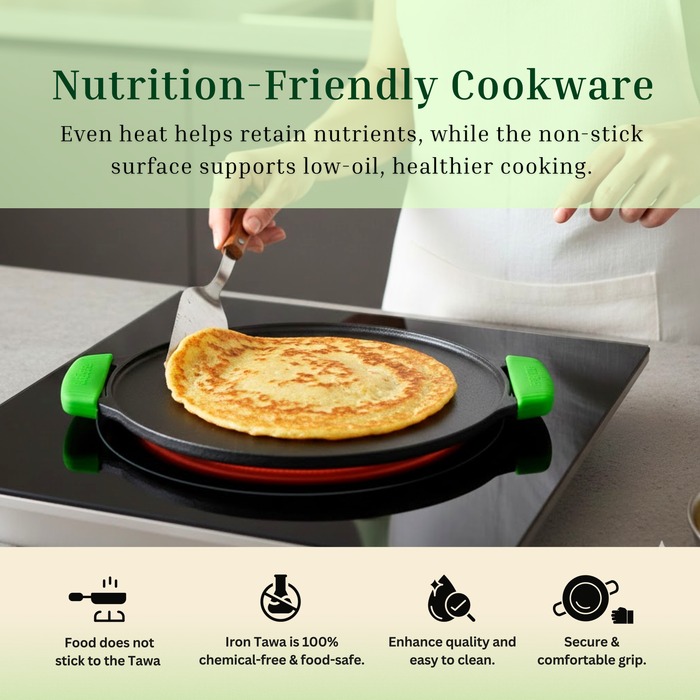 Ironium Cast Iron Pre-Seasoned Flat Tawa 30cm with 2 Side Handles and Silicone Grips