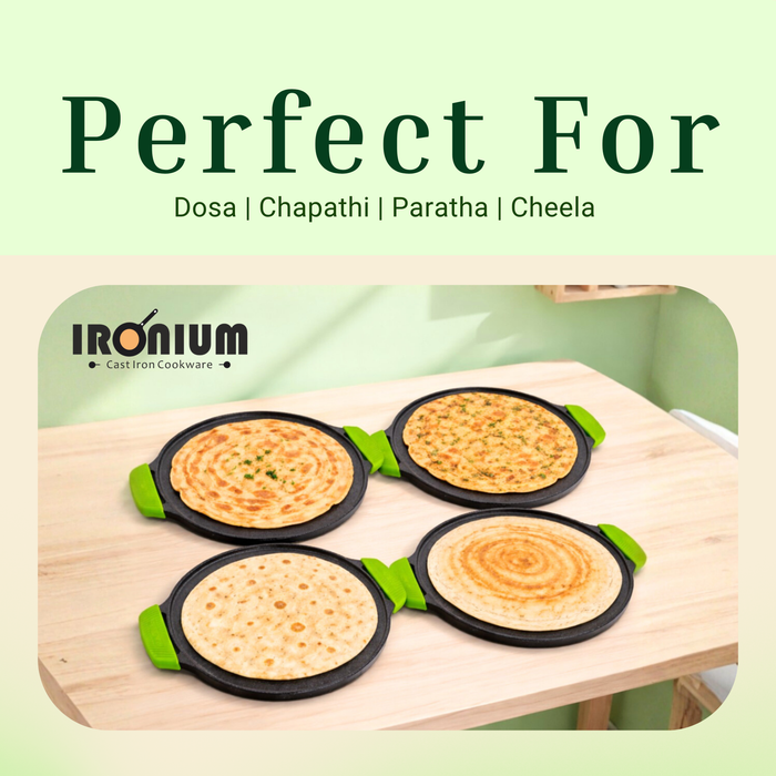 Ironium Cast Iron Pre-Seasoned Flat Tawa 30cm with 2 Side Handles and Silicone Grips