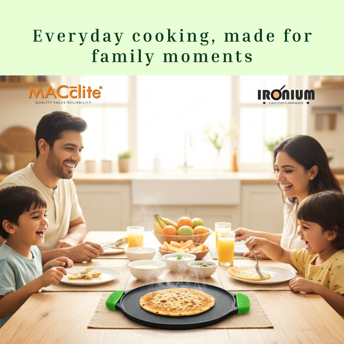 Ironium Cast Iron Pre-Seasoned Flat Tawa 30cm with 2 Side Handles and Silicone Grips