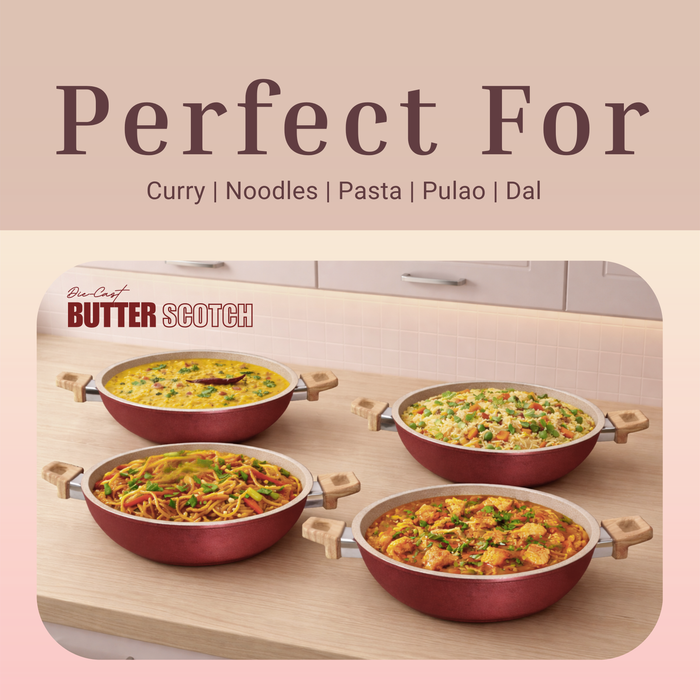 Butter Scotch Die Cast Non Stick Triumph Kadai With Glass Lid, Induction Base