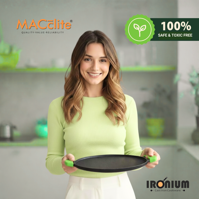 Ironium Cast Iron Pre-Seasoned Flat Tawa 30cm with 2 Side Handles and Silicone Grips