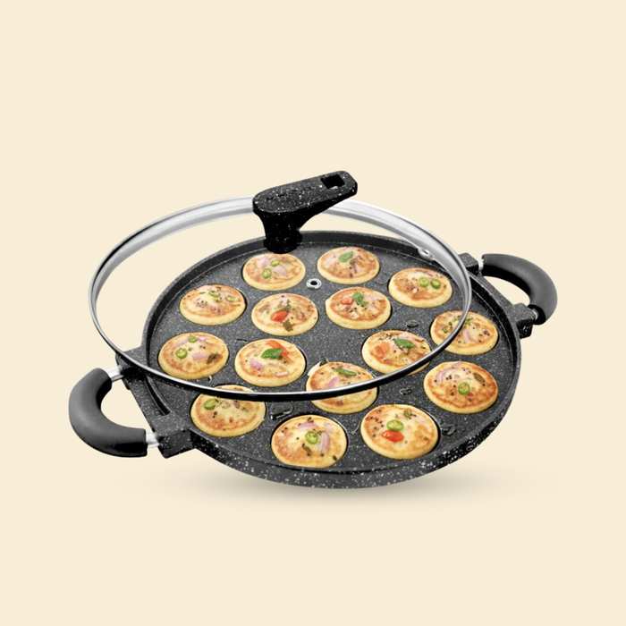 Hard Rock Die Cast Non Stick (Triumph series) Round Appe / Muffin Pan with Glass Lid 15 Cavity,  Induction Base
