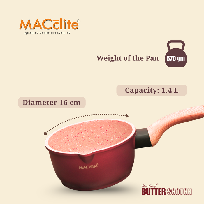 Butter Scotch Die Cast Non Stick Sauce Pan 16cm Dia, 1.4 Liters, Induction Base