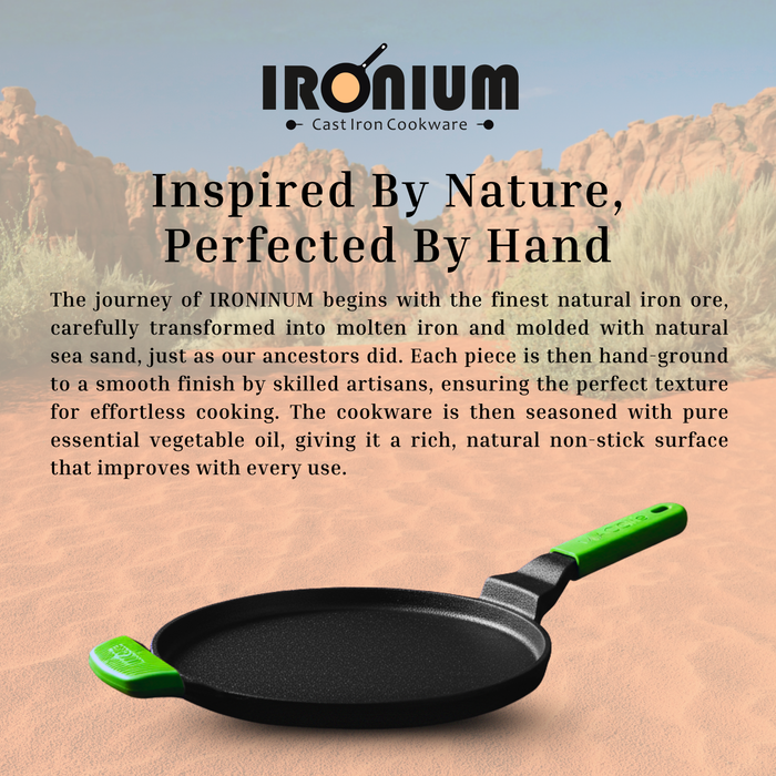 Ironium Cast Iron Pre-Seasoned Flat Tawa 28 cm with Long and Side Handle and Silicone Grips