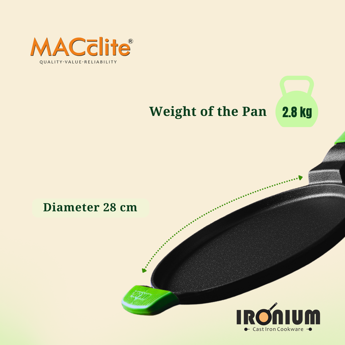 Ironium Cast Iron Pre-Seasoned Flat Tawa 28 cm with Long and Side Handle and Silicone Grips