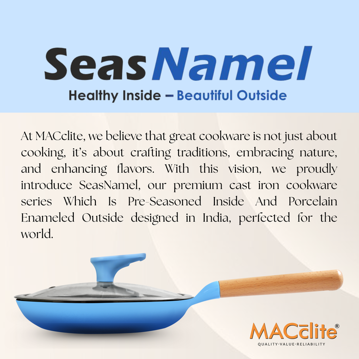 MACclite SeasNamel Cast Iron Frying Pan with Wooden Handle 20cm With Glass Lid