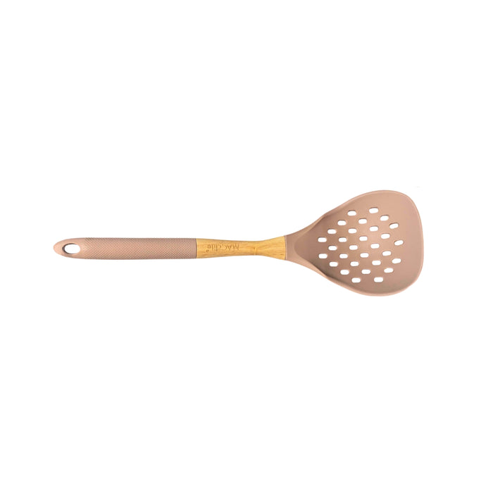 ButterScotch Silicone Kitchen Tool Set With Pentagon Wooden Stand 6 Pc Set (Stand, Skimmer, Spoon,Laddle,Turner, Slotted Turner)