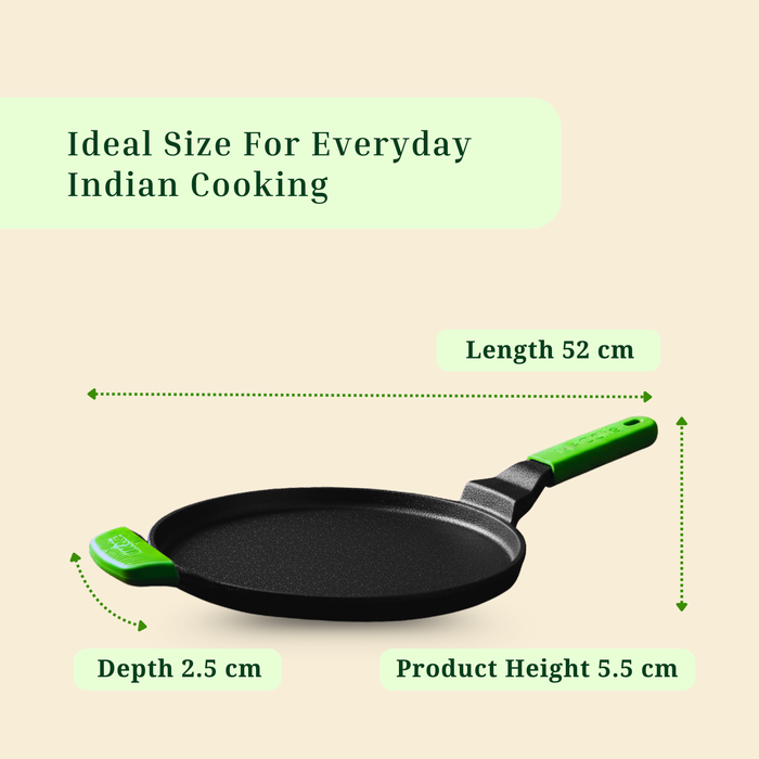 Ironium Cast Iron Pre-Seasoned Flat Tawa 28 cm with Long and Side Handle and Silicone Grips