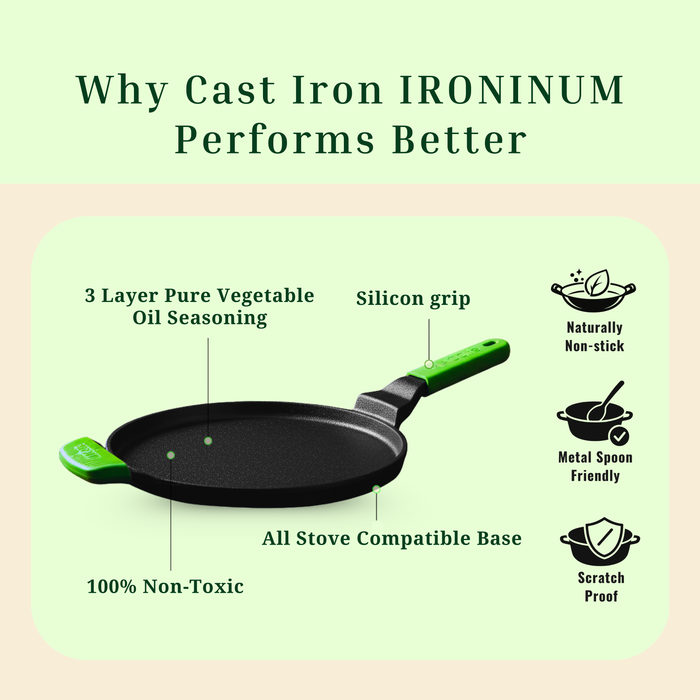 Ironium Cast Iron Pre-Seasoned Flat Tawa 28 cm with Long and Side Handle and Silicone Grips