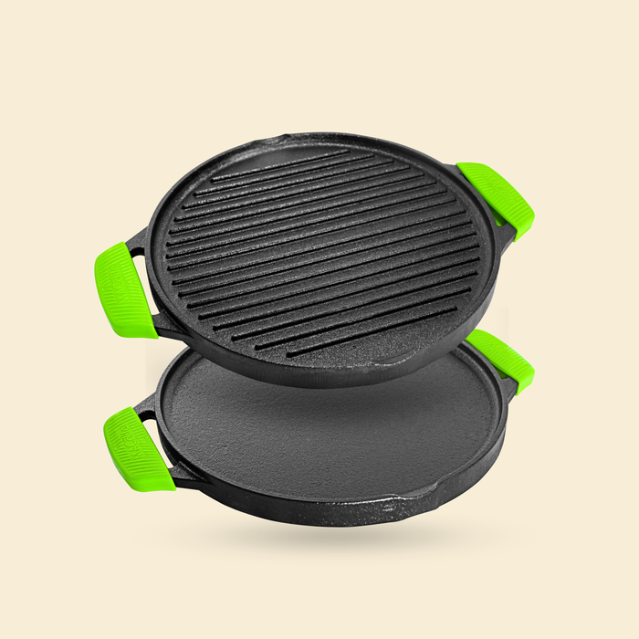 IRONIUM Pre-Seasoned Cast Iron Dual Tawa 30CM Dia With 2 Silicon Handle
