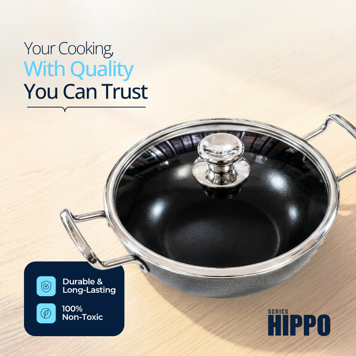 Hippo Reinforced Ceramic Non Stick Round Base Kadai With Lid 24 cm