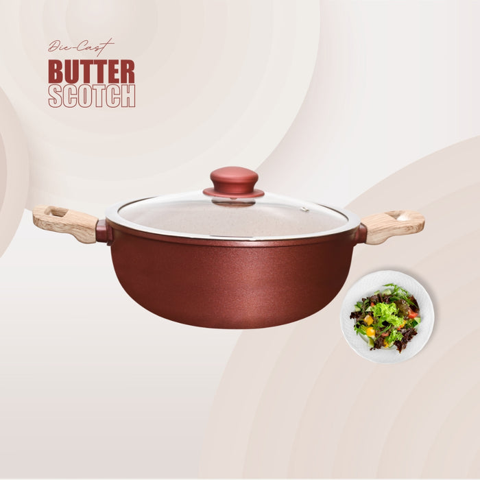 Butter Scotch Die Cast Non Stick Kadai With Glass Lid 24cm Dia, 3.8 Liters, Induction Base