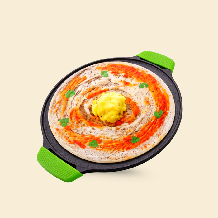 Ironium Cast Iron Pre-Seasoned Flat Tawa 30cm with 2 Side Handles and Silicone Grips