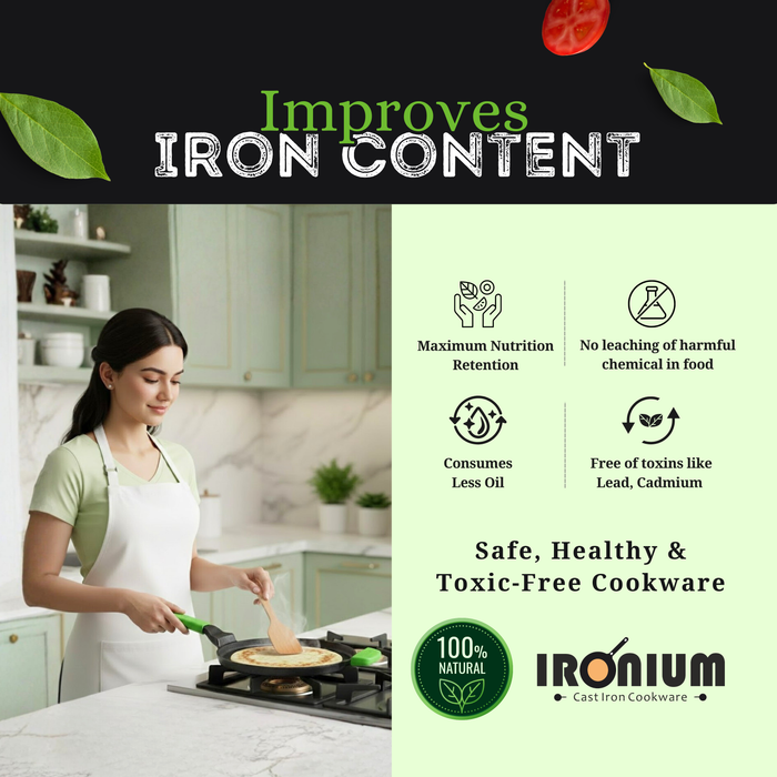 Ironium Cast Iron Pre-Seasoned Flat Tawa 28 cm with Long and Side Handle and Silicone Grips