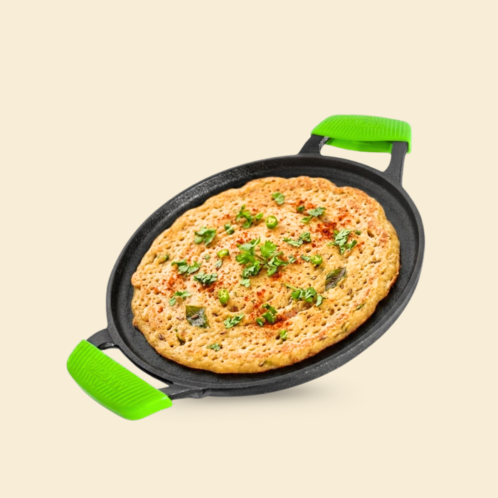 Ironium Cast Iron Pre-Seasoned Flat Tawa 28 cm with 2 Side Handles and Silicone Grips