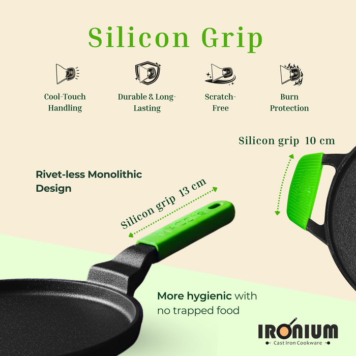 Ironium Cast Iron Pre-Seasoned Flat Tawa 28 cm with Long and Side Handle and Silicone Grips