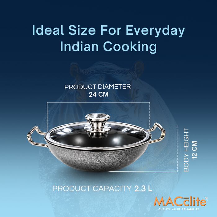 Hippo Reinforced Ceramic Non Stick Round Base Kadai With Lid 24 cm