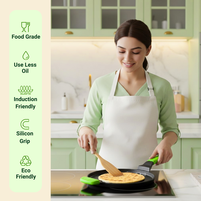 Ironium Cast Iron Pre-Seasoned Flat Tawa 28 cm with Long and Side Handle and Silicone Grips