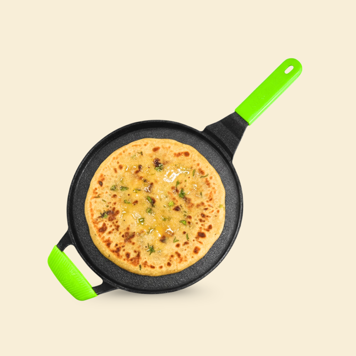 Ironium Cast Iron Pre-Seasoned Flat Tawa 28 cm with Long and Side Handle and Silicone Grips