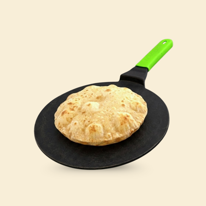 Ironium Cast Iron Pre-Seasoned Concave Tawa with Long Handle and Silicone Grip