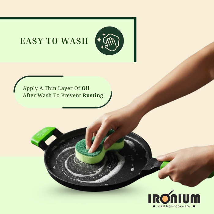 Ironium Cast Iron Pre-Seasoned Flat Tawa 28 cm with Long and Side Handle and Silicone Grips