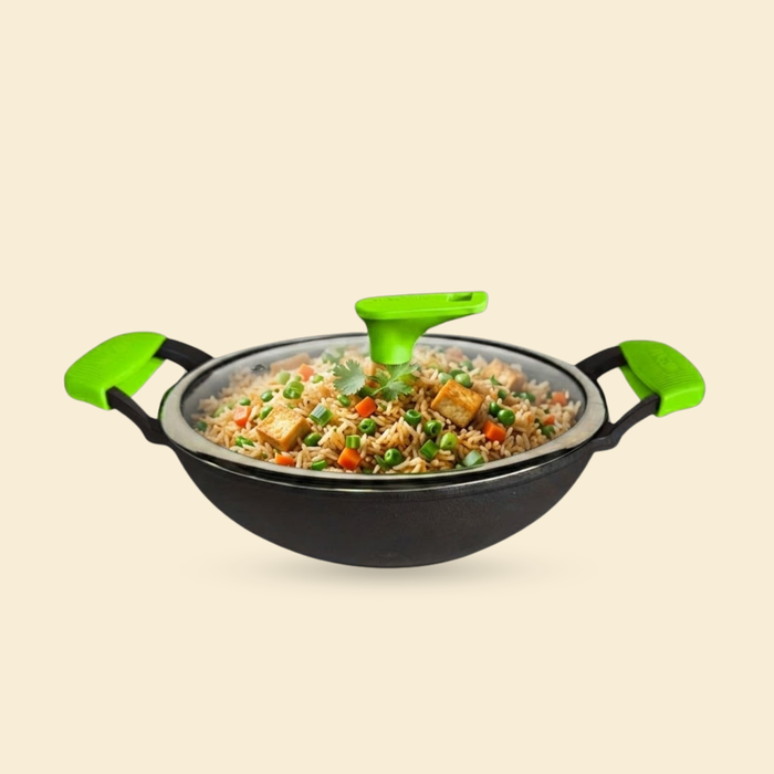 Ironium Cast Iron Pre-Seasoned Kadai With Glass Lid With 2 Side Handle and Silicone Grips