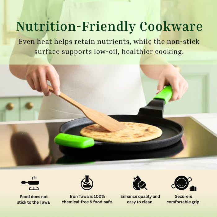 Ironium Cast Iron Pre-Seasoned Flat Tawa 28 cm with Long and Side Handle and Silicone Grips