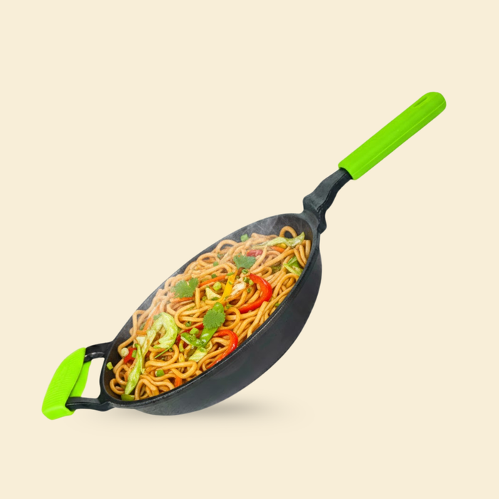 Ironium Cast Iron Pre-Seasoned Frying Pan With Long & Side Handle and Silicone Grips
