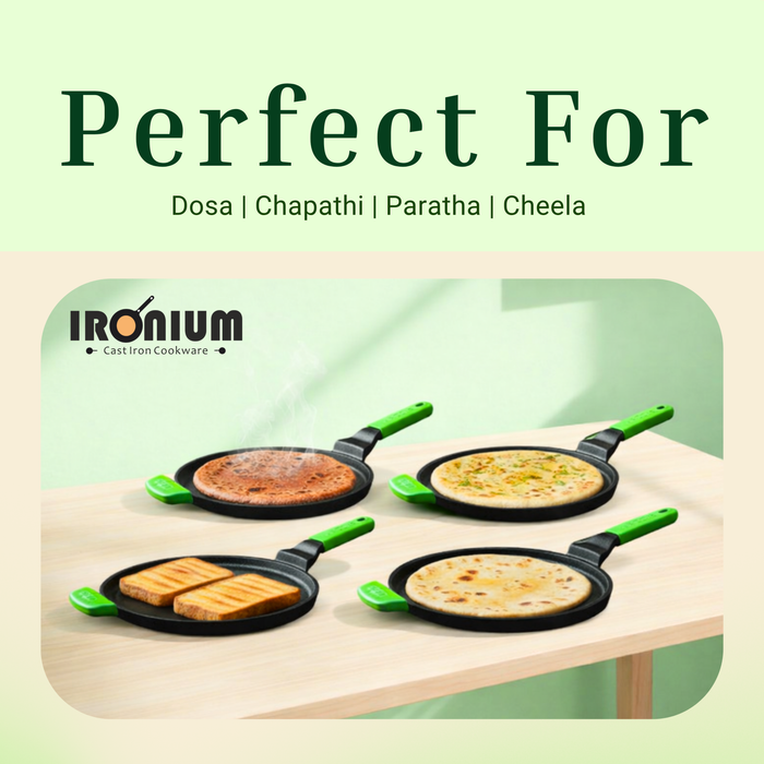 Ironium Cast Iron Pre-Seasoned Flat Tawa 28 cm with Long and Side Handle and Silicone Grips