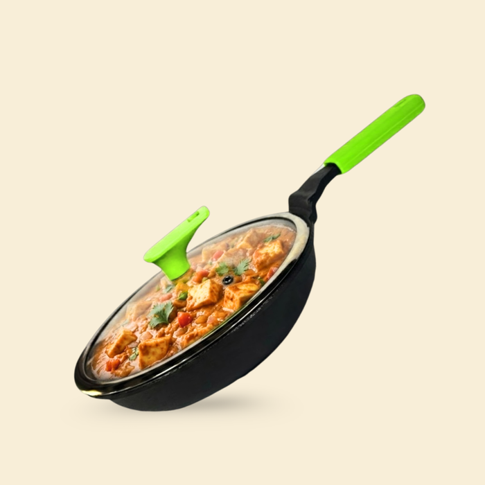 Ironium Cast Iron Pre-Seasoned Frying Pan with Glass Lid 20 cm With Long Handle and Silicone Grip