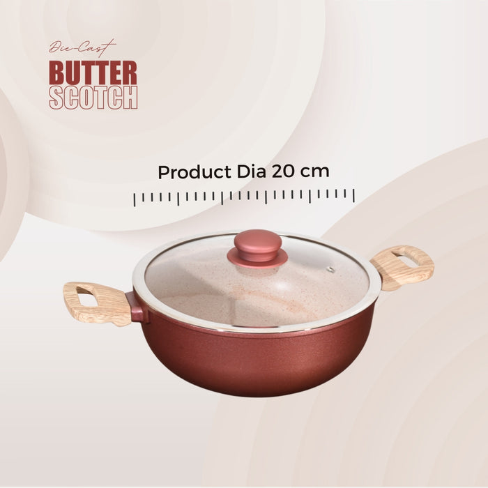 Butter Scotch Die Cast Non Stick Kadai With Glass Lid 20cm Dia, 2.4 Liters, Induction Base