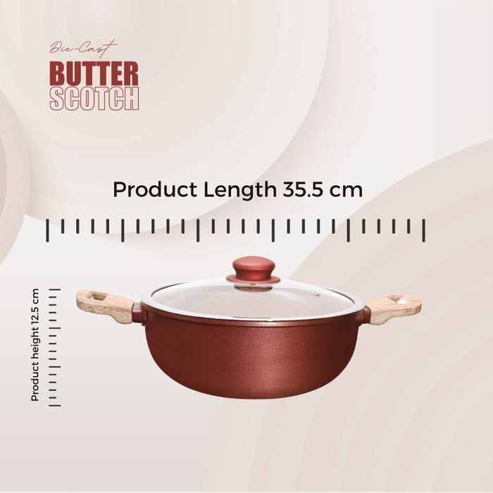 Butter Scotch Die Cast Non Stick Kadai With Glass Lid 20cm Dia, 2.4 Liters, Induction Base
